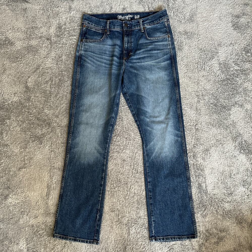 Wrangler Retro Medium Wash Blue Bootcut Denim Slim Boot Jeans Men's Size 36x33